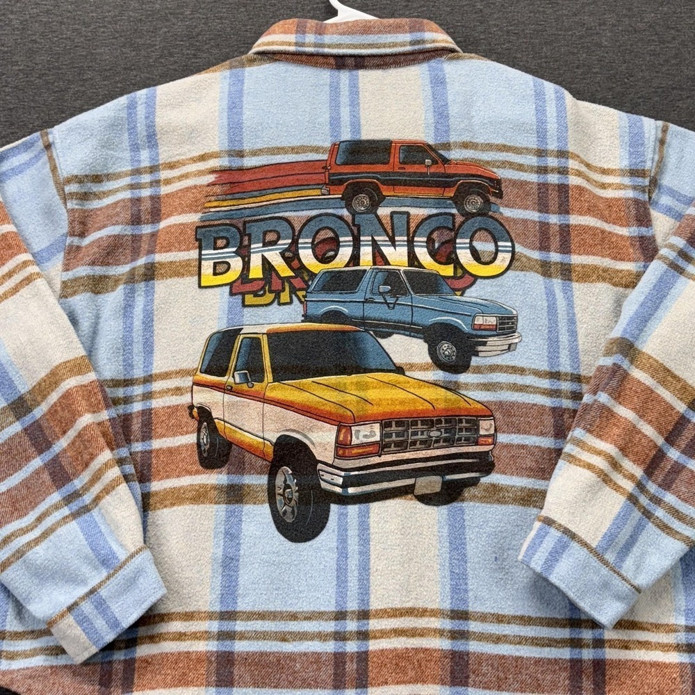 Ford Shirt Womens XL Blue Plaid Flannel Bronco Trucks Graphic Button Up Soft